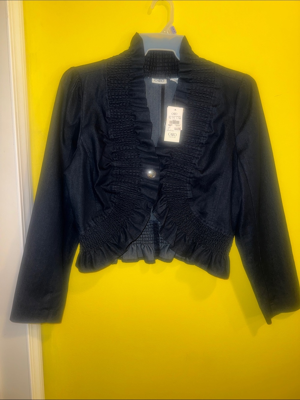 Women’s Denim Ruffled Cropped Jacket - Elegant Evening Coat - Picture 3 of 14
